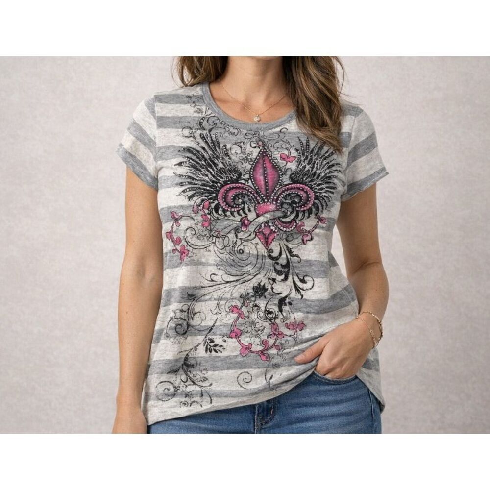 Y2K Graphic Fleur De Lis Rhinestone Tee XL Gray Striped Pink Gothic Scroll Top E